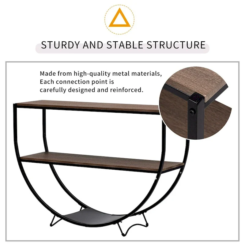 Rustic Demilune Shape Textured Metal Distressed Wood Console Table