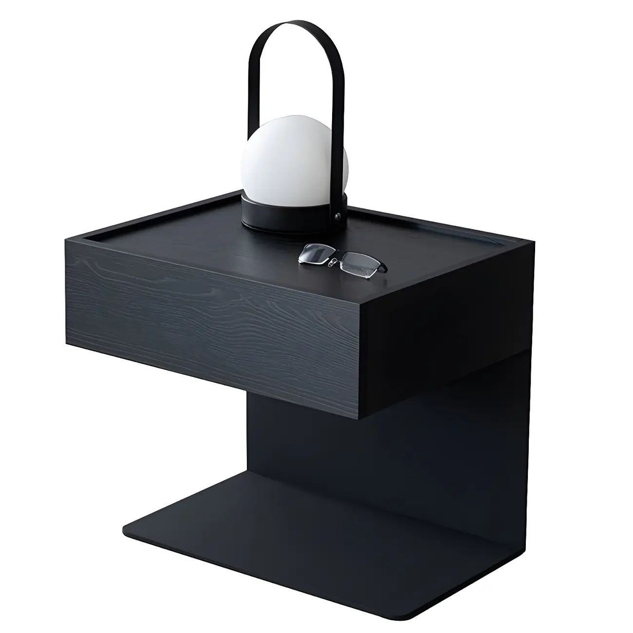 Black Steel Wood C-Shaped Drawer Nightstand with Light
