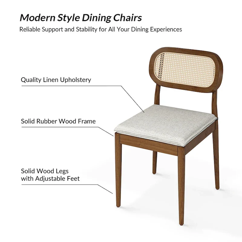 Modern Solid Wood Dining Chair with Ratten Back and Removable Cushion Set of 2 by