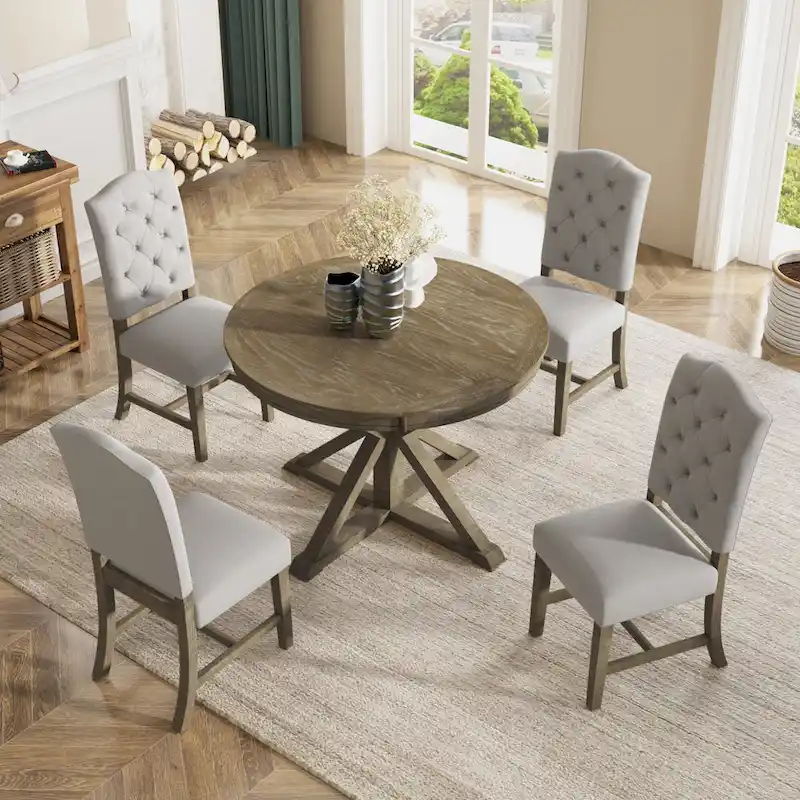 Dining Table Set with Extendable Table and 4 Upholstered Chairs