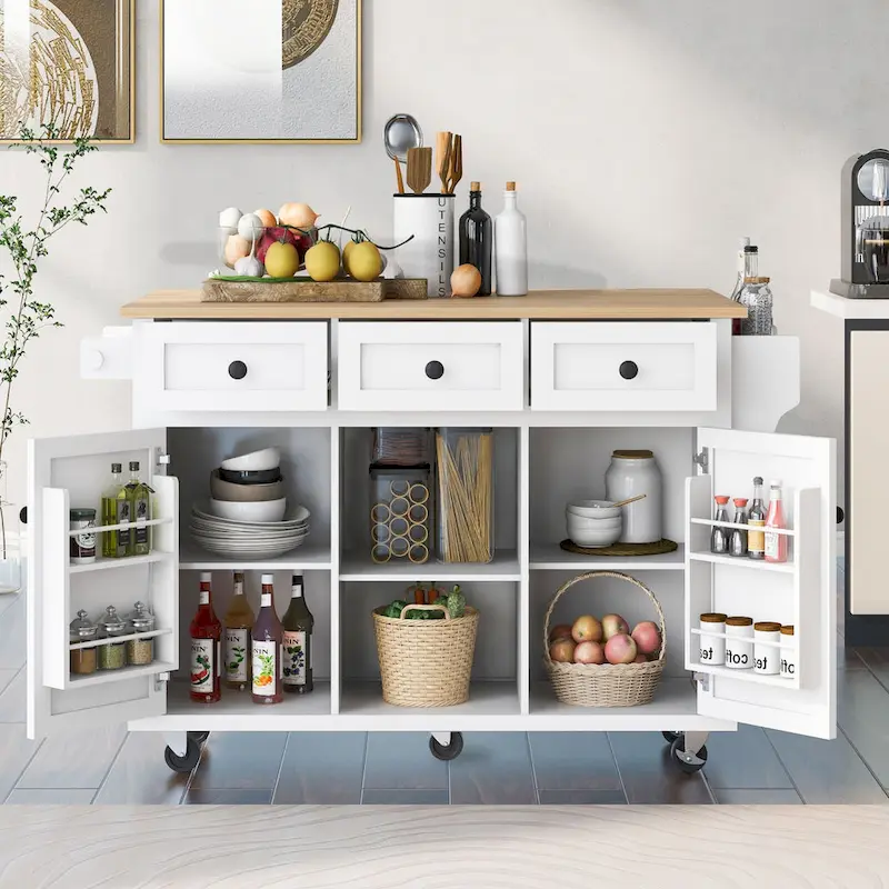 5-wheel White Kitchen Cart, Rubberwood Drop-Leaf Countertop, Internal storage racks, 3-drawer Storage Cabinet