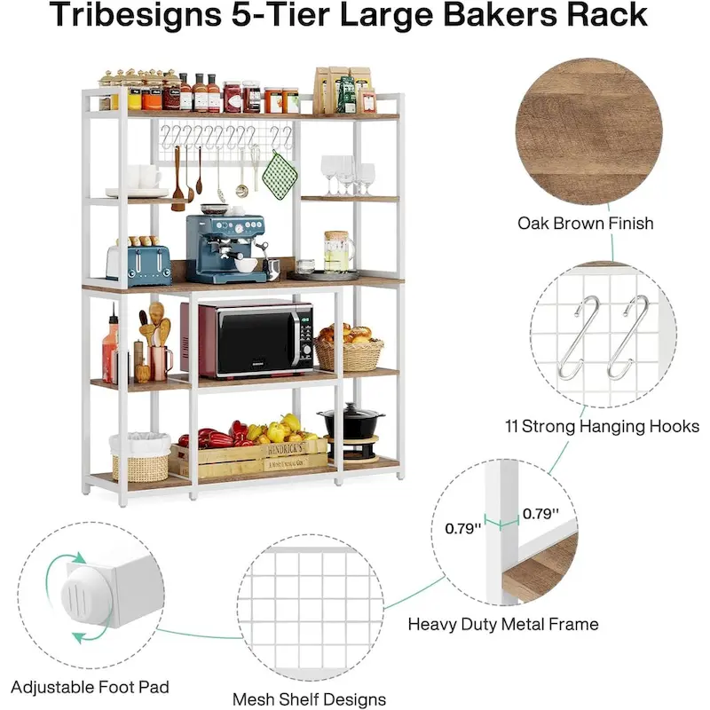 55 Wide Kitchen Hutch Cabinet Microwave Stand with 11 Hooks