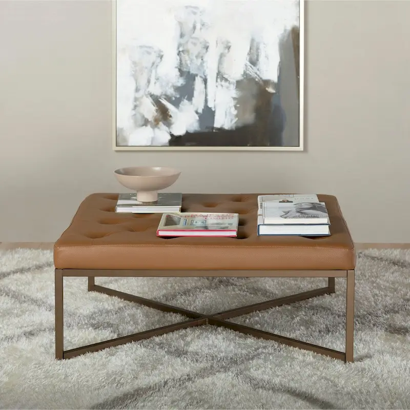 Metal and Tufted Leather Large Cocktail Ottoman