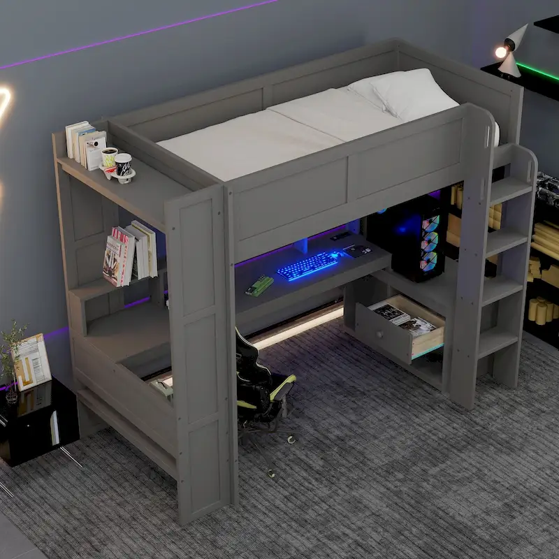 Wood Twin Size Loft Bed w/Desk, Shelves, LED, Charging Station