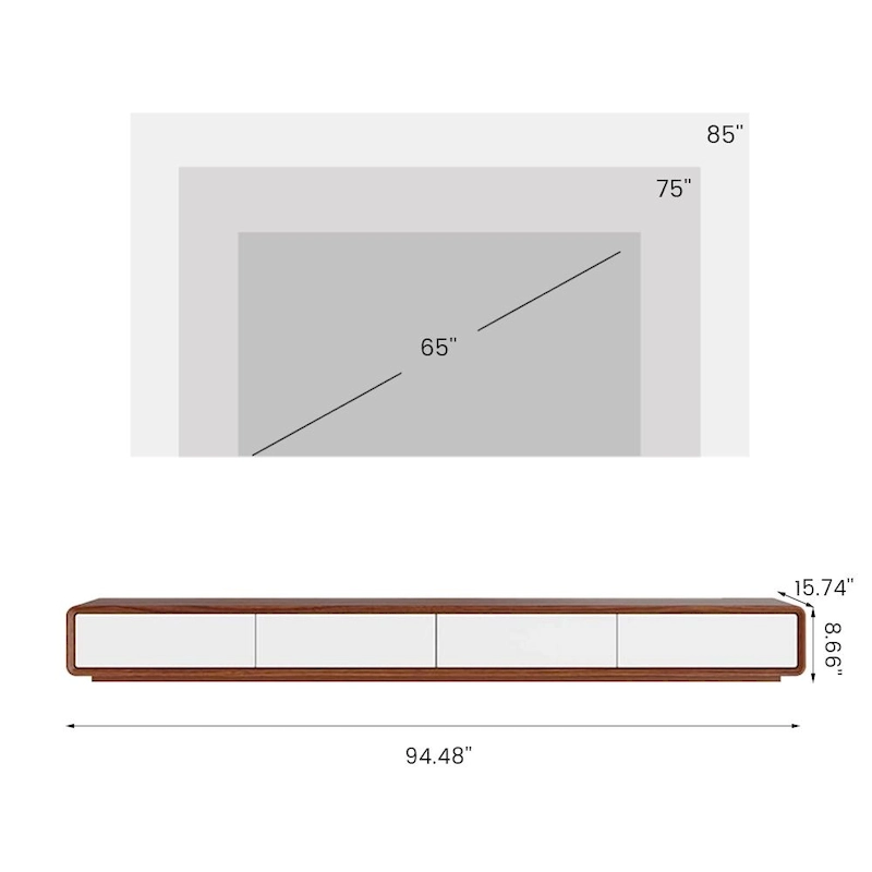Modern Rectangular TV Stand with 4 Drawers, Wood Veneer Media Console, Walnut White, Soild Wooden, Fully-Assembled