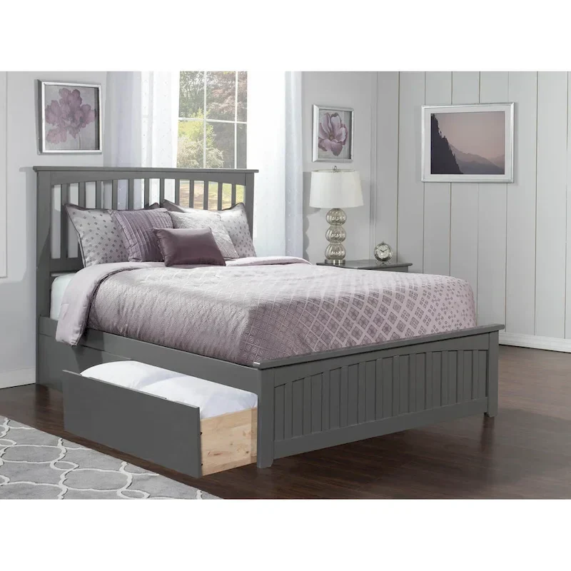 Queen Platform Bed with Footboard and 2 Storage Drawers in Grey