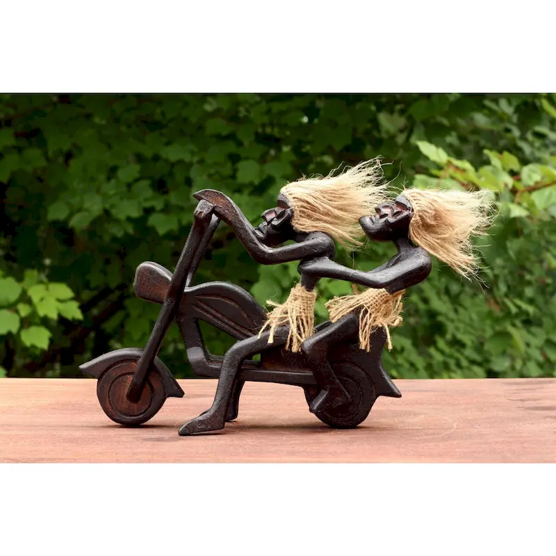 Handmade Wooden Primitive Tribal Funny Riding Harley Davidson Statue Motorcycle Sculpture Tiki Bar Unique Gift Wood Home Decor