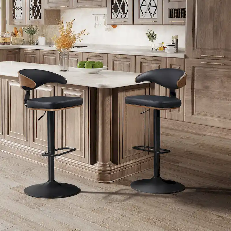 Faux Leather Swivel Adjustable Bar Stool with Wood Accents