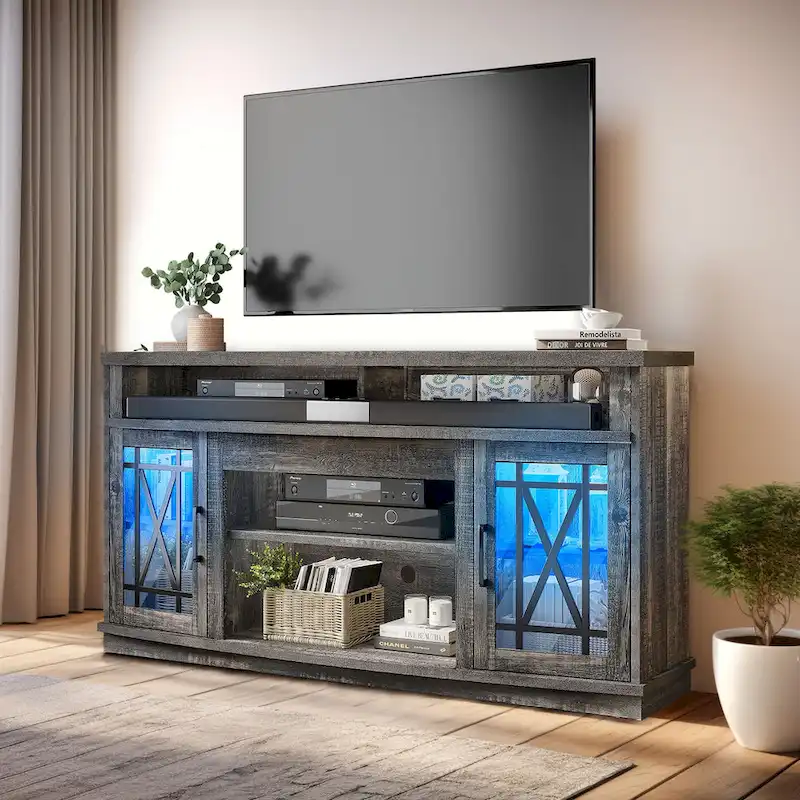 Moasis 59-inch Highboy 2-Door LED Lights TV Stand for TVs up to 70 Inches
