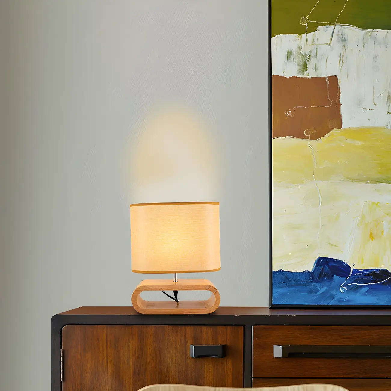 Bedside Wood LED Plug In Table Lamp in Fabric Shade