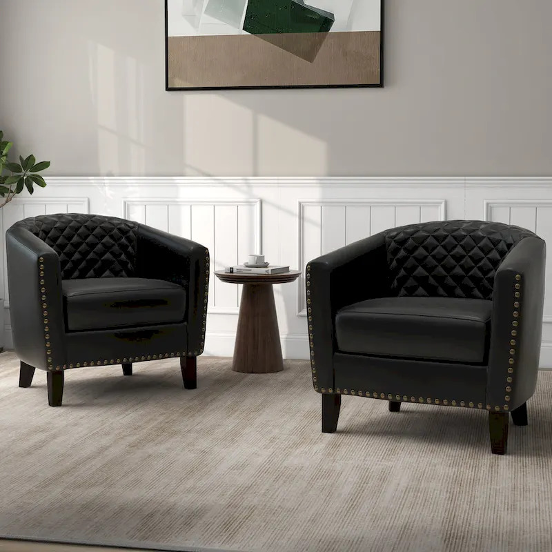 2 Set Vegan Leather Barrel Accent Chairs with Nailheads Trim