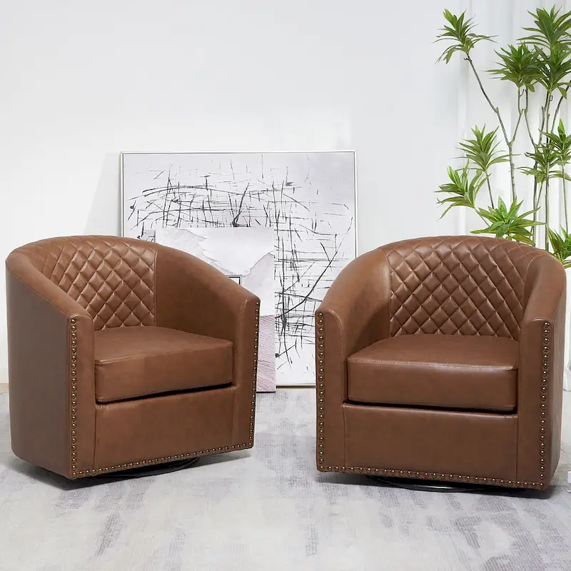 KINWELL 29 Wide Tufted PU Leather Swivel Barrel Chair (Set of 2)