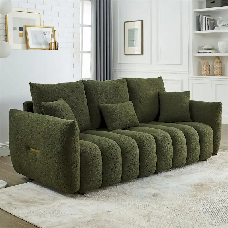 Upholstered Teddy Fabric Sofa with 3 Pillows and Solid Wood Frame