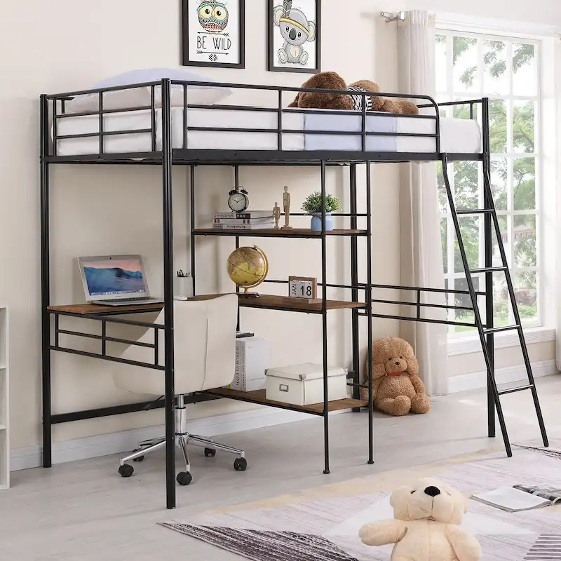 Twin Size Metal Loft Bed with Built-in Desk and Shelves