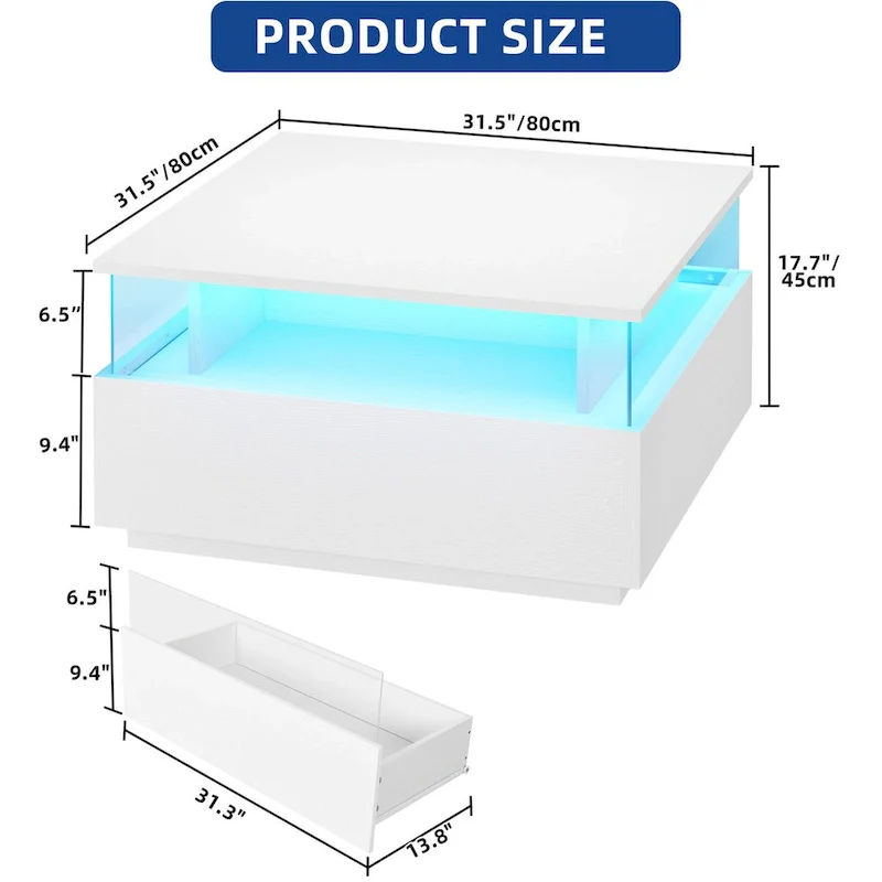 Moasis Modern Square Coffee Table with Drawers & LED Light, Acrylic and Wood Center Table