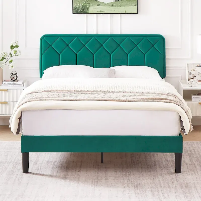VECELO Upholstered Bed Frame with Adjustable Height Headboard, Twin/Full/Queen Size Beds, Dark Green