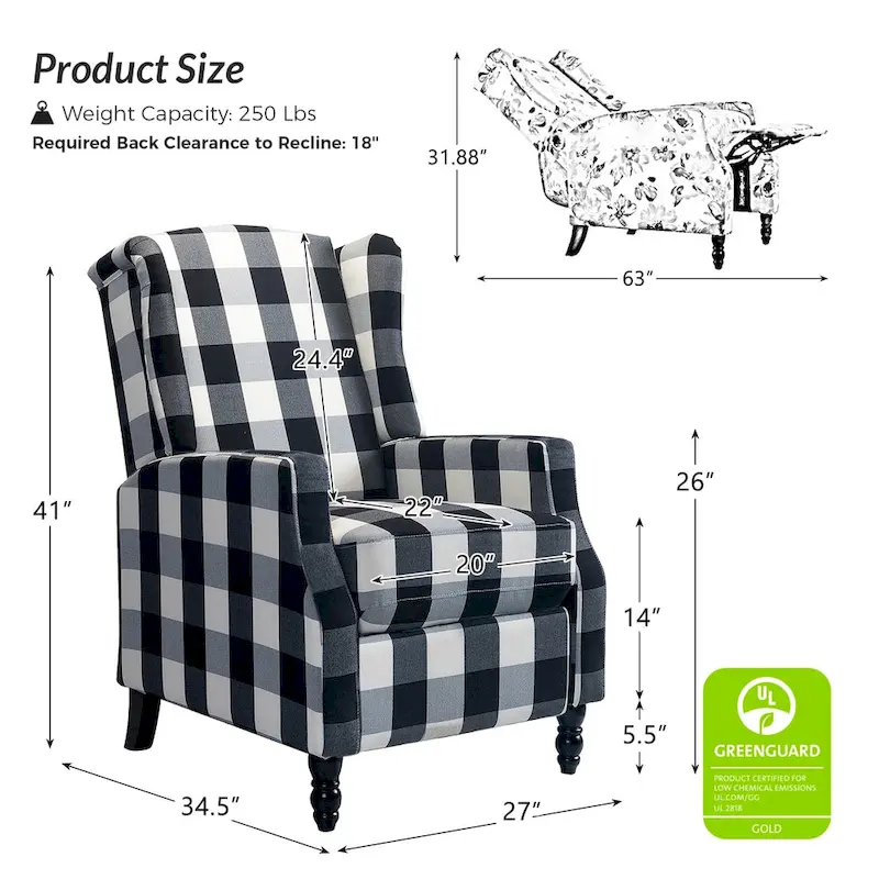 Damaris Mid-Century Modern Manual Pushback Recliner with Wingback Design by HULALA HOME