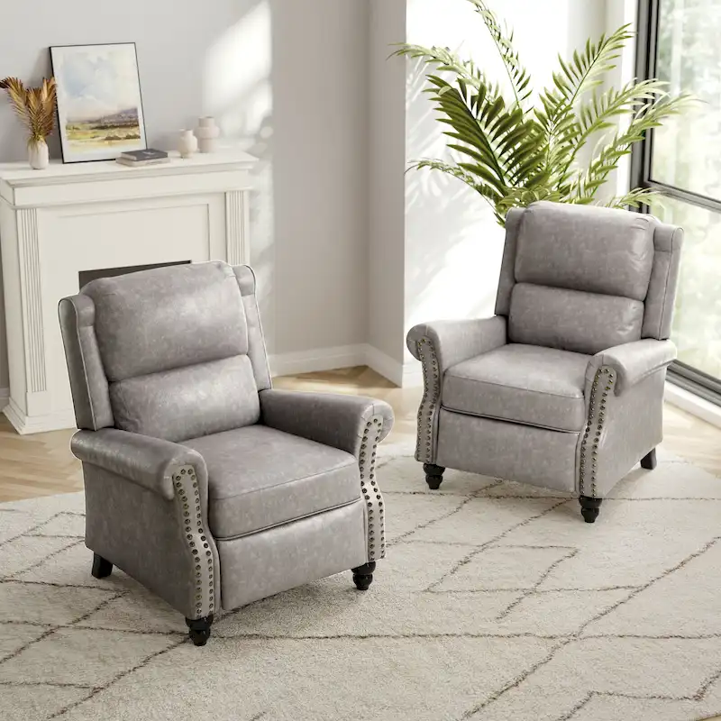 2 Set Nail-head Padded Seat Pushback Recliner Chair