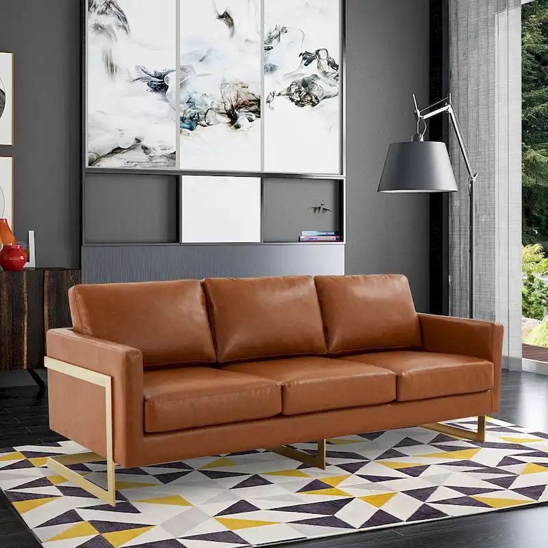 LeisureMod Lincoln Modern Upholstered Leather Sofa with Gold Frame - 83