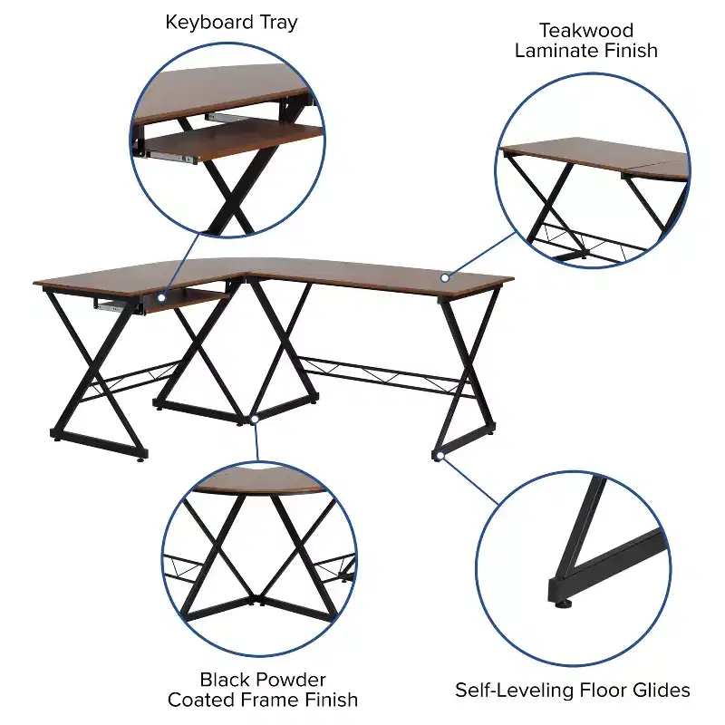 Flash Furniture Teakwood Laminate L-Shape Computer Desk with Pull-Out Keyboard Tray