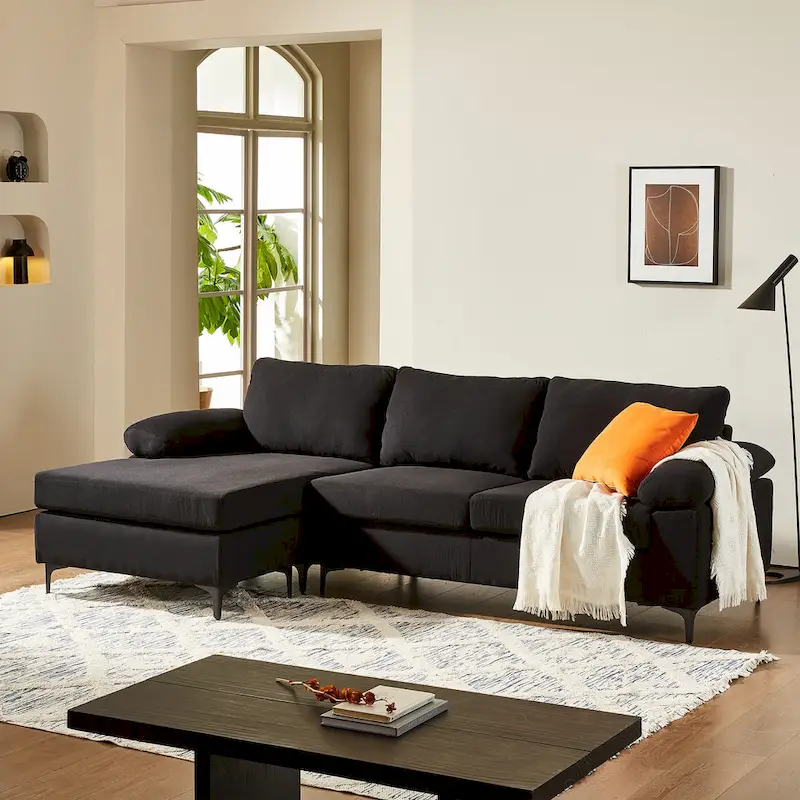 Reversible Chaise Sofa, Suede Fabric, Metal Legs, Spring Coils, Light Brown/Brown/Grey/Blue/Beige