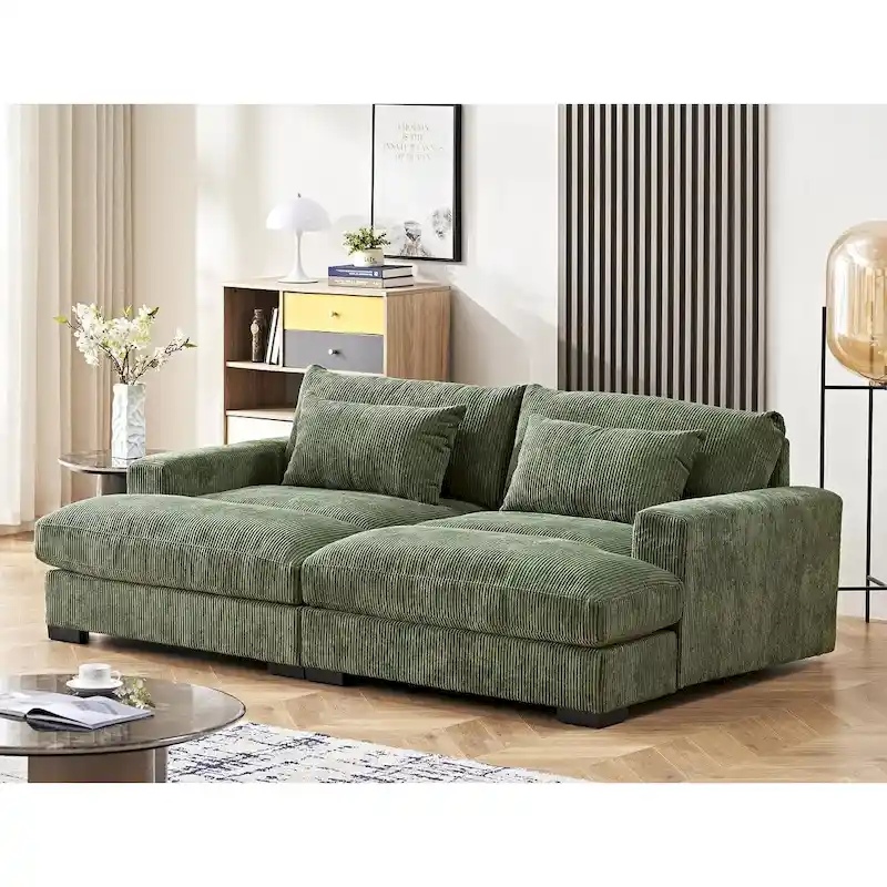 Luxe Sleeper Sofa Corduroy Upholstery Double Chaise Design Convertible to Twin Size Bed