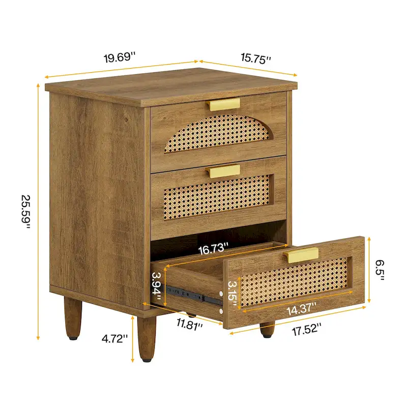 Wood and Rattan 3-Drawer Nightstand with Metal Handles