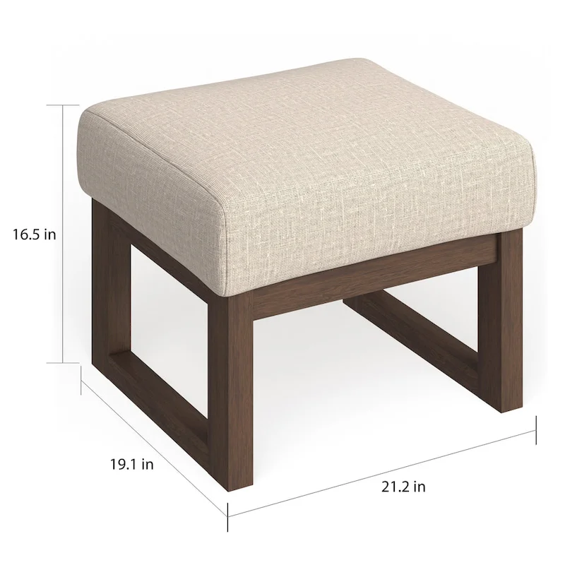 Mid-Century Ottoman Stool - Light Beige Upholstery, Walnut Wood Frame, 21.26W x 16.54H
