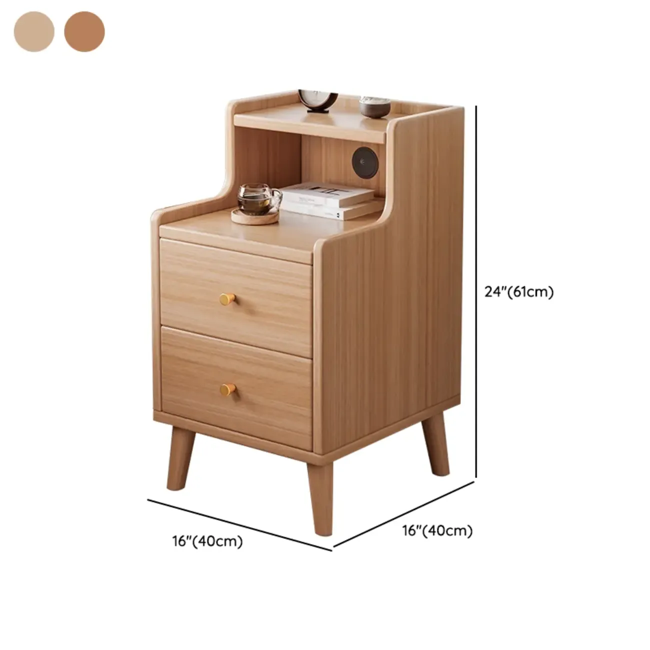 Natural Wood Scandinavian 2-Drawers Narrow Nightstand