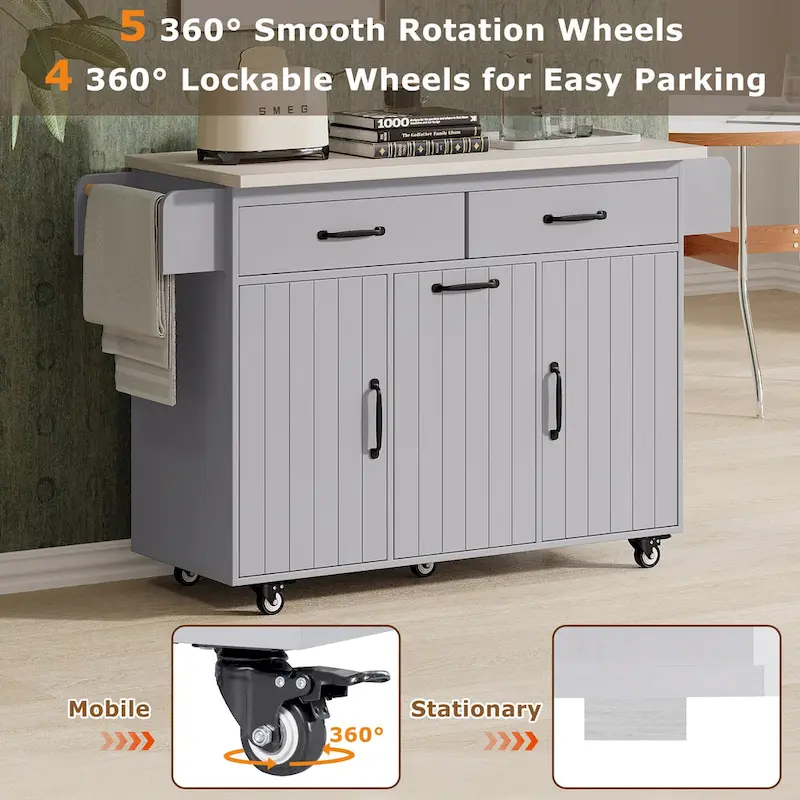 51 in. W Rolling Kitchen Island Cart with Drop Leaf and Tilt-out Trash Can