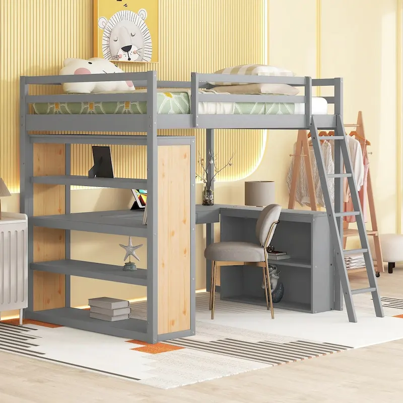 Loft Bed with Desk, Shelves, Drawer, and Ladder, Full-Length Guardrail