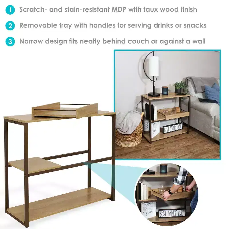 Sunnydaze Industrial-Style, 3-Shelf Sofa Table with Removable Serving Tray - Brown - 28.25 in