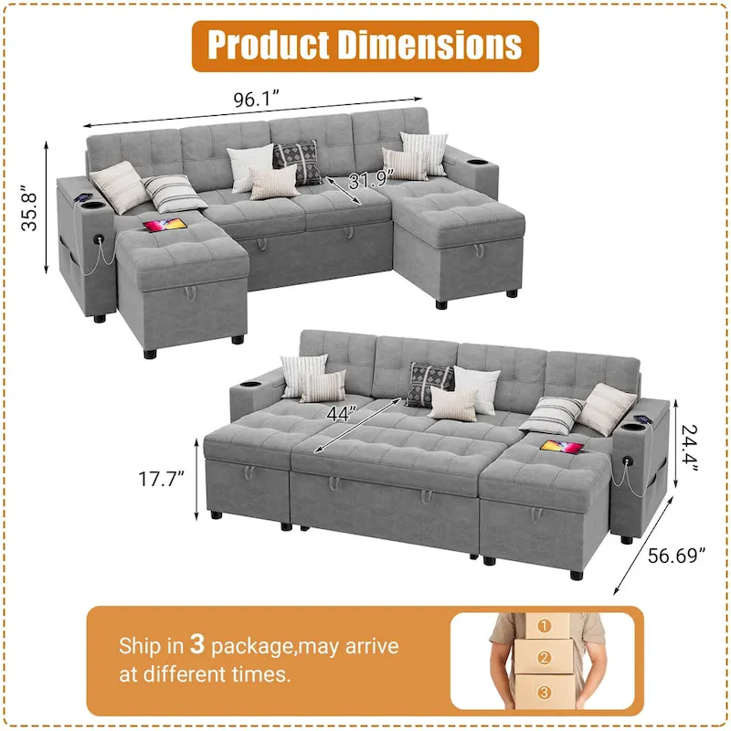U-Shaped Sectional Sofa with Double Chaise,2 in 1 Pull Out Couch Bed,U-Shaped Sofa Couch Bed,Sleeper Sofa with Pull Out Bed