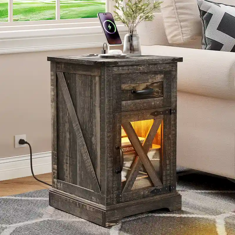 Moasis LED End Table with Shelf and Drawer, Side Table with Charging Station Power Outlet