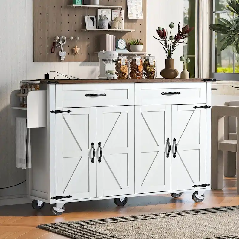 53.5 Farmhouse Kitchen Trolley with Power Outlet, Drop Leaf, Spice Rack, and Drawers, Mobile Cart on Wheels