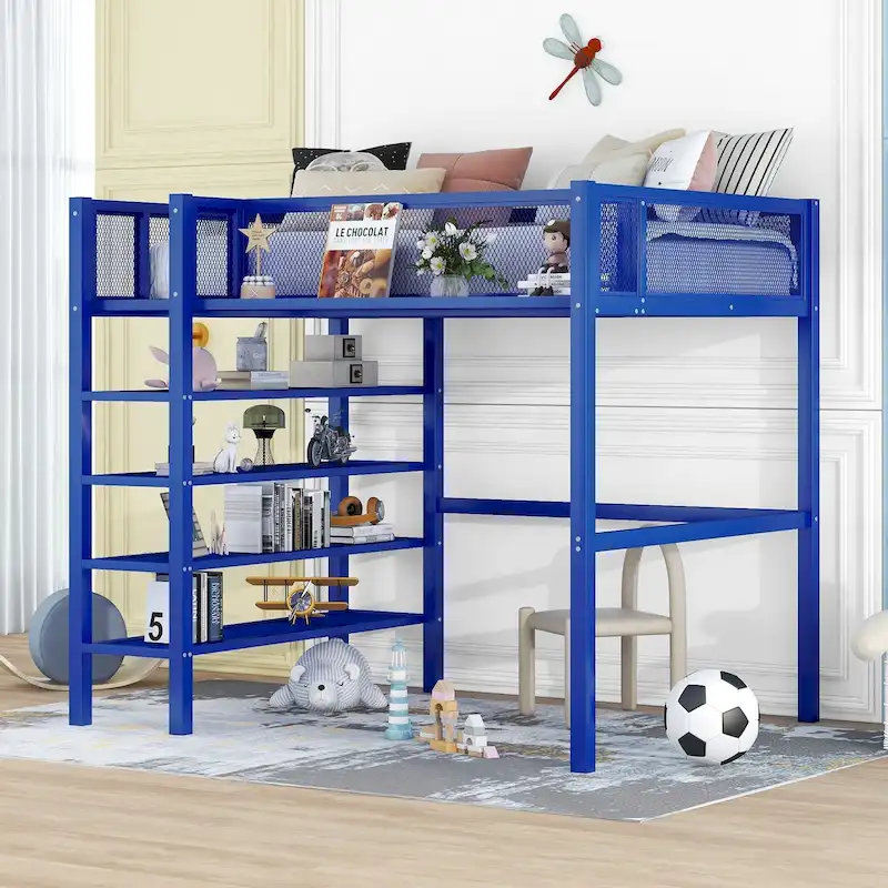 Metal Loft Bed with 4-Tier Shelves and Storage