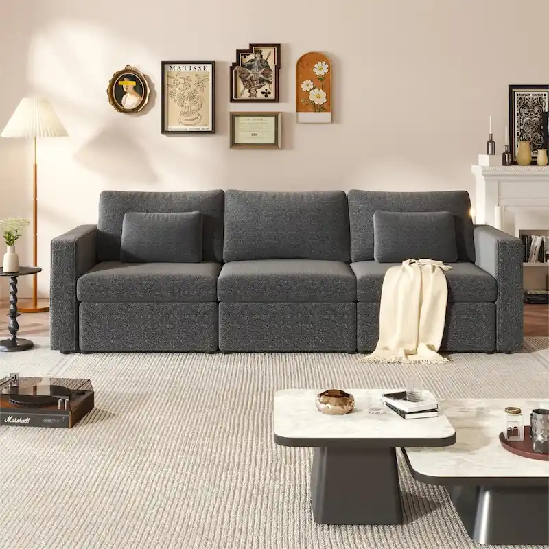 Modern Cotton Linen L-Shape Sectional Sofa, Oversized Upholstery Sectional Sofa, Chaise Couch with Storage Ottomans for Living R