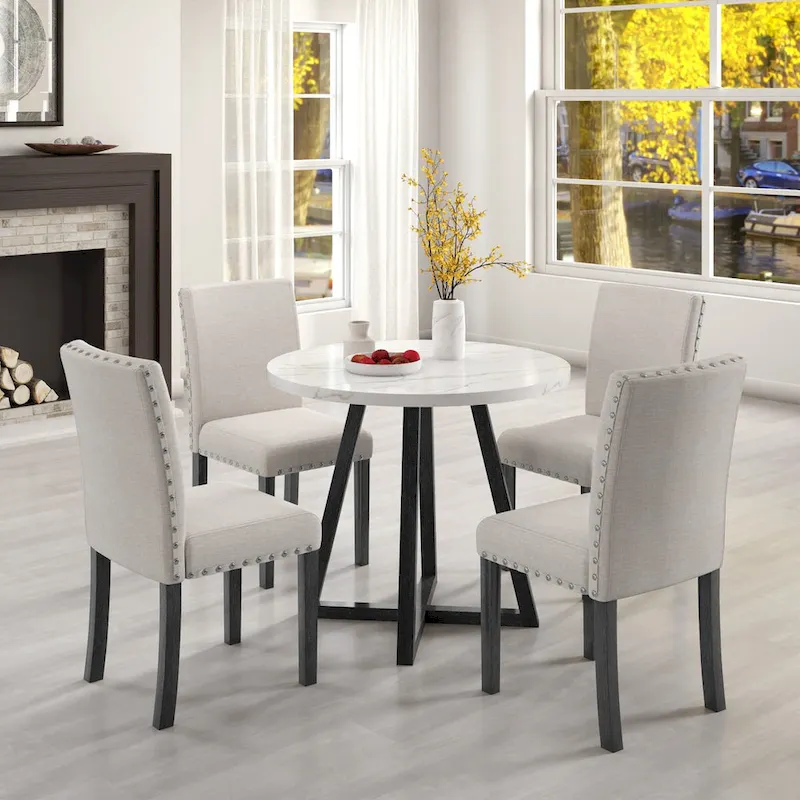 Five-piece dining room set with imitation marble table top,solid wood,space-saving kitchen and dining room combination furniture