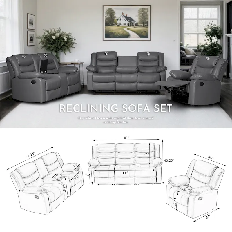 Manual Reclining 3-Piece Living Room Sofa Set - Sofa with Dropdown Table, Loveseat with Console, and Recliner
