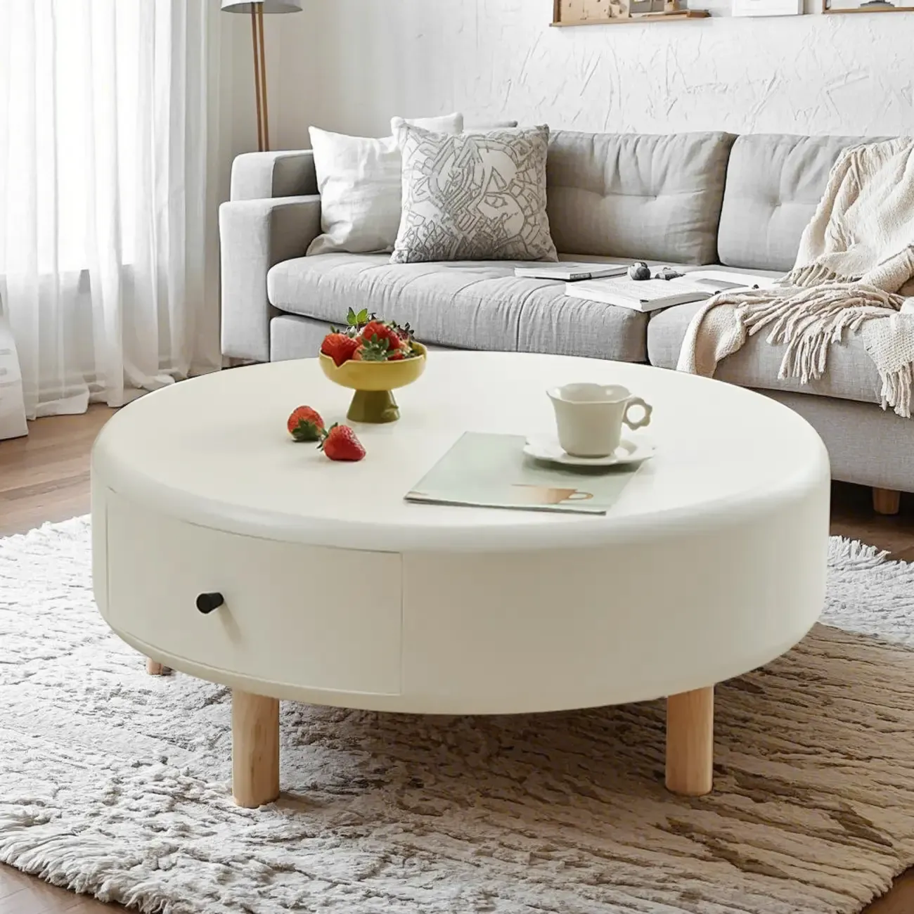 White Round Elegant Modern Wood Drawer Coffee Table