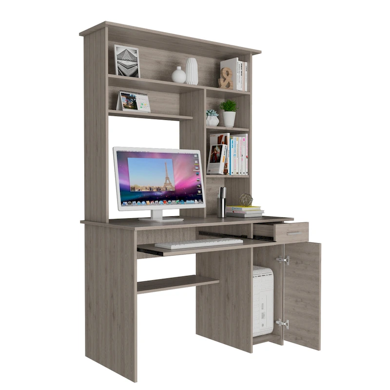 Compu 180 Hutch Desk with 5 Shelves, Retractable Keyboard Tray, CPU Panel, and Drawer