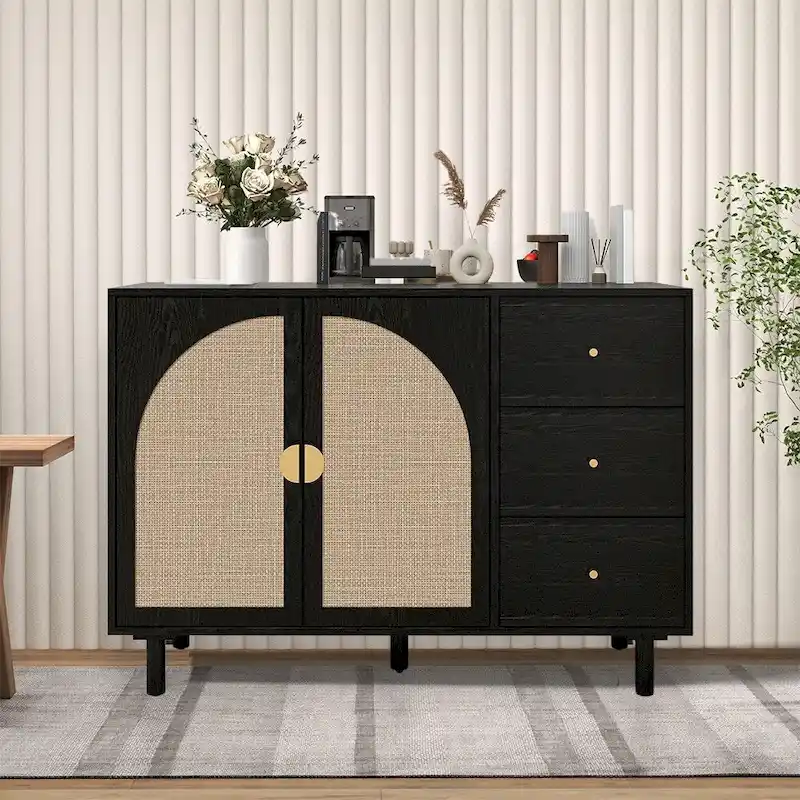 Natural Rattan Storage Cabinet with 2 Doors and 3 Drawers