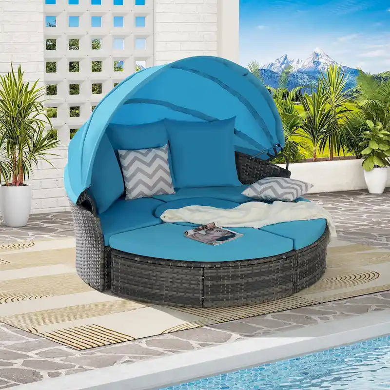 5-Piece Round Daybed Sunbed with Canopy & Removable Cushions