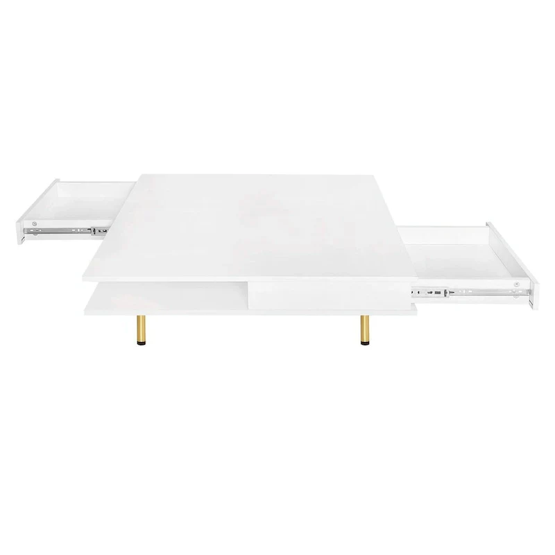 High Gloss Coffee Table: 4 Golden Legs, 2 Drawers, 2-Tier Square Design