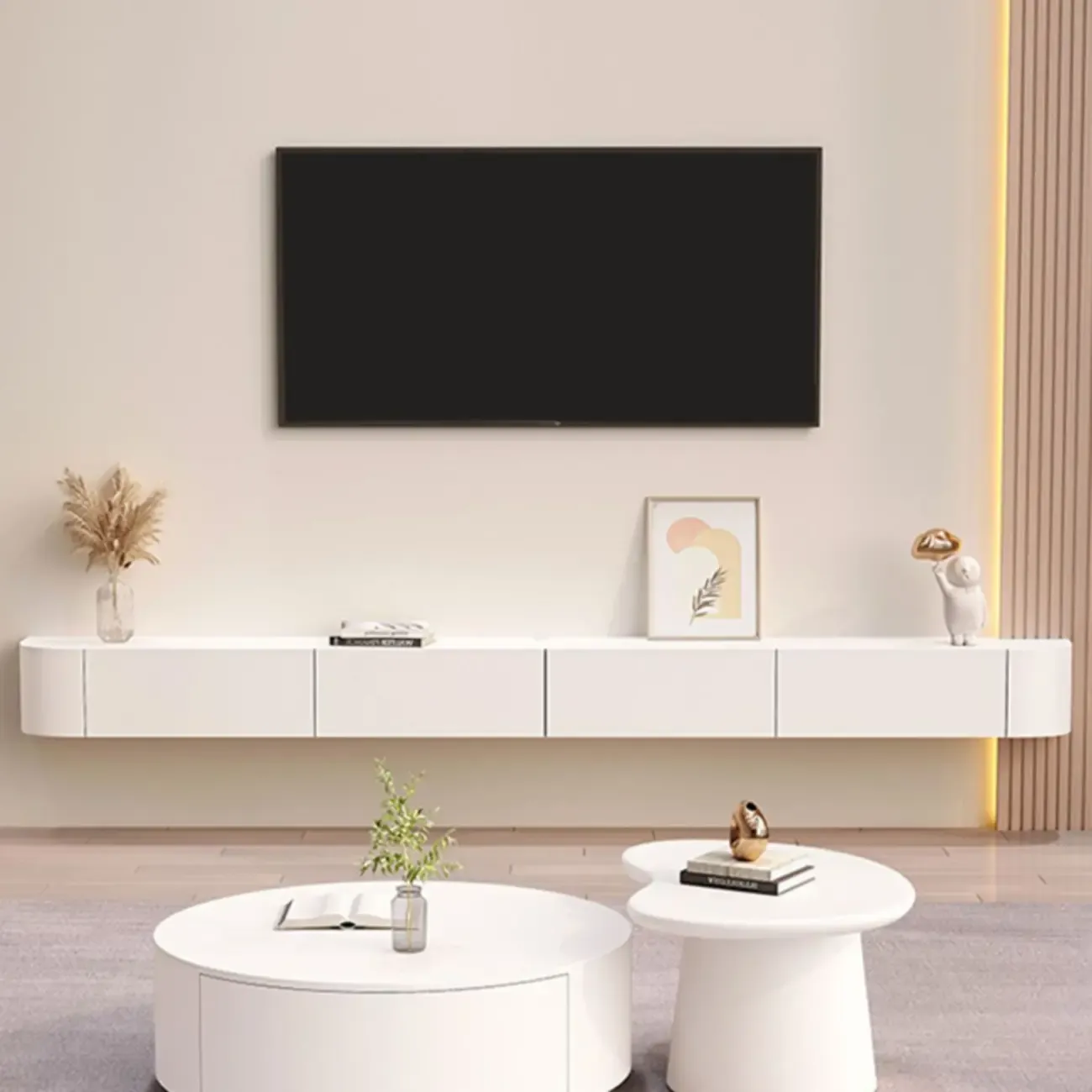 87 Grey Solid Wood Long Floating TV Stand with Drawers