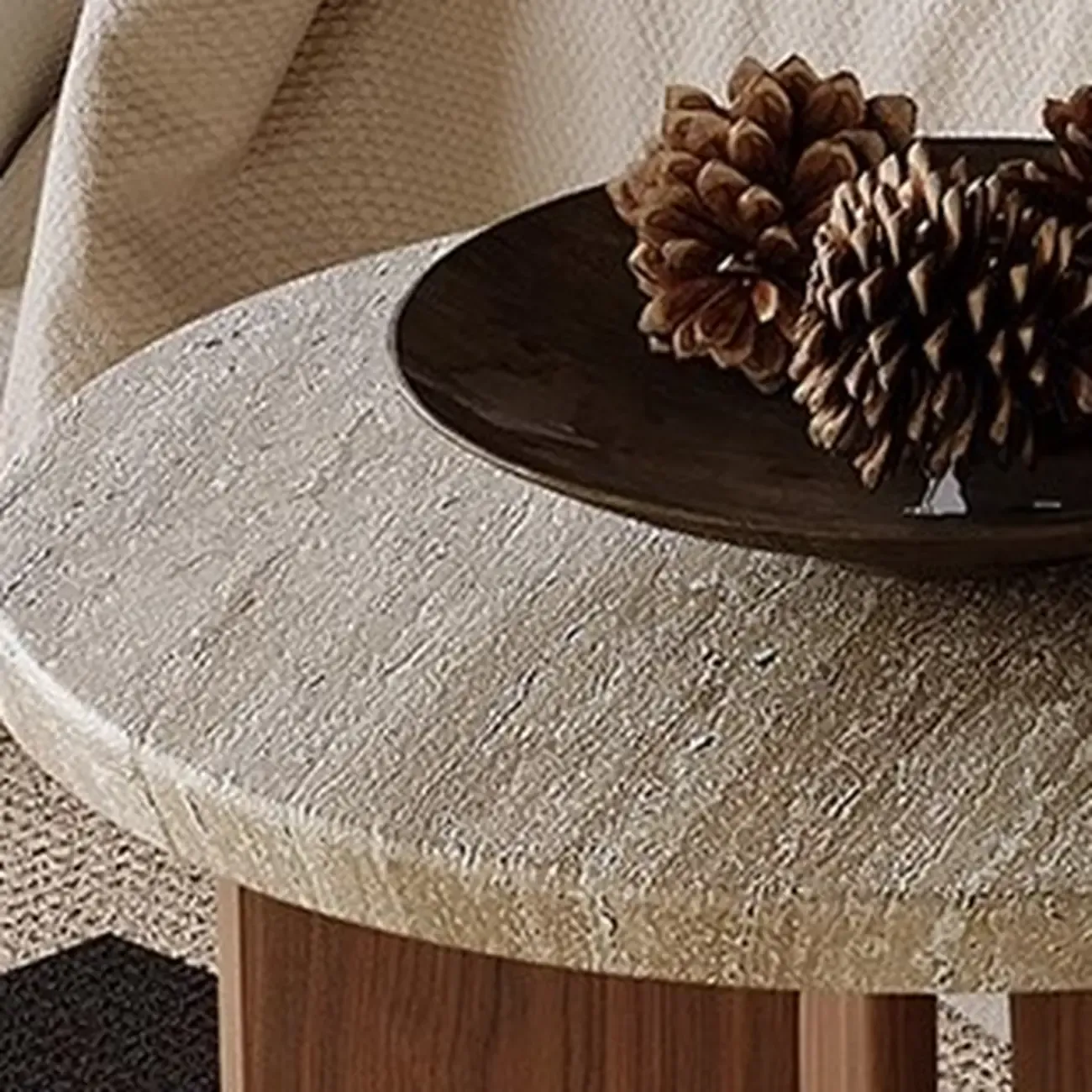 Modern Travertine TOP Round Accent Table with Wood Base