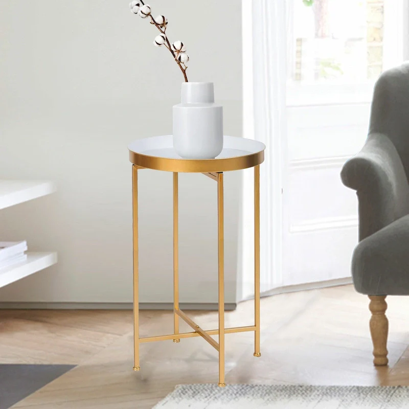 Round End Table Gold Metal Side Nightstand Accent Coffee Tables - 15(D)x 15(W)x 25.7(H)