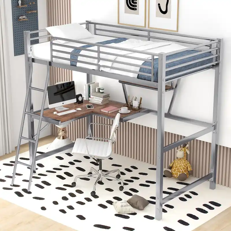 Nestfair Twin Size Metal Loft Bed with L-shaped Desk and Shelf