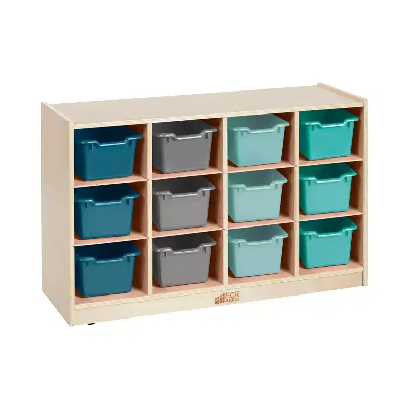 ECR4Kids 12 Cubby Mobile Tray Cabinet and 15 Scoop Front Bins, 3x4, Kids Furniture