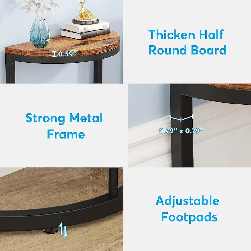 Half Round End Table, Narrow Side Table Slim C Table with Metal Frame